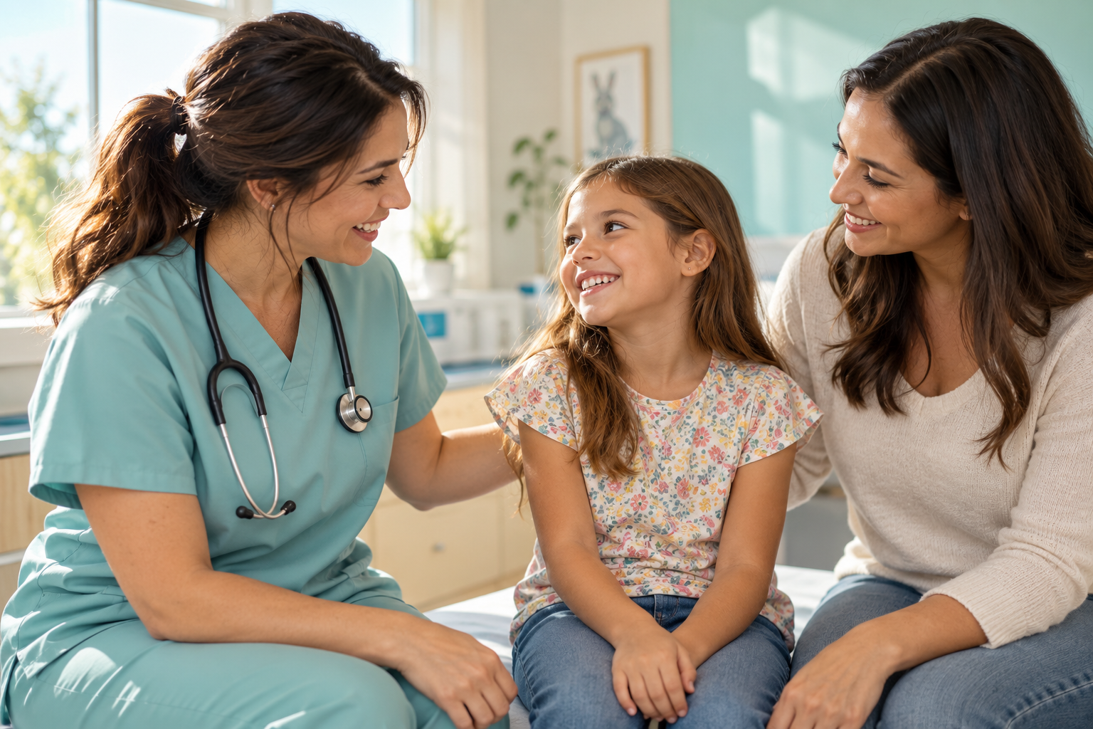 Illustrative clinician talking with a child and parent